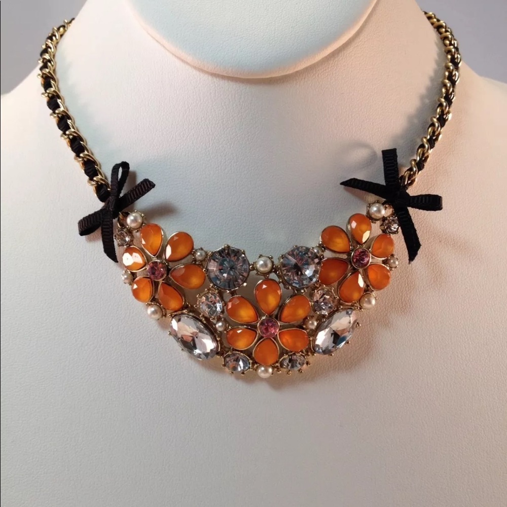 Betsey Johnson Orange Crystal Flower Bow Necklace